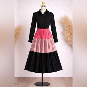 Venus Pleated Midi Skirt Small Colorblock Pink Black Elastic Waist